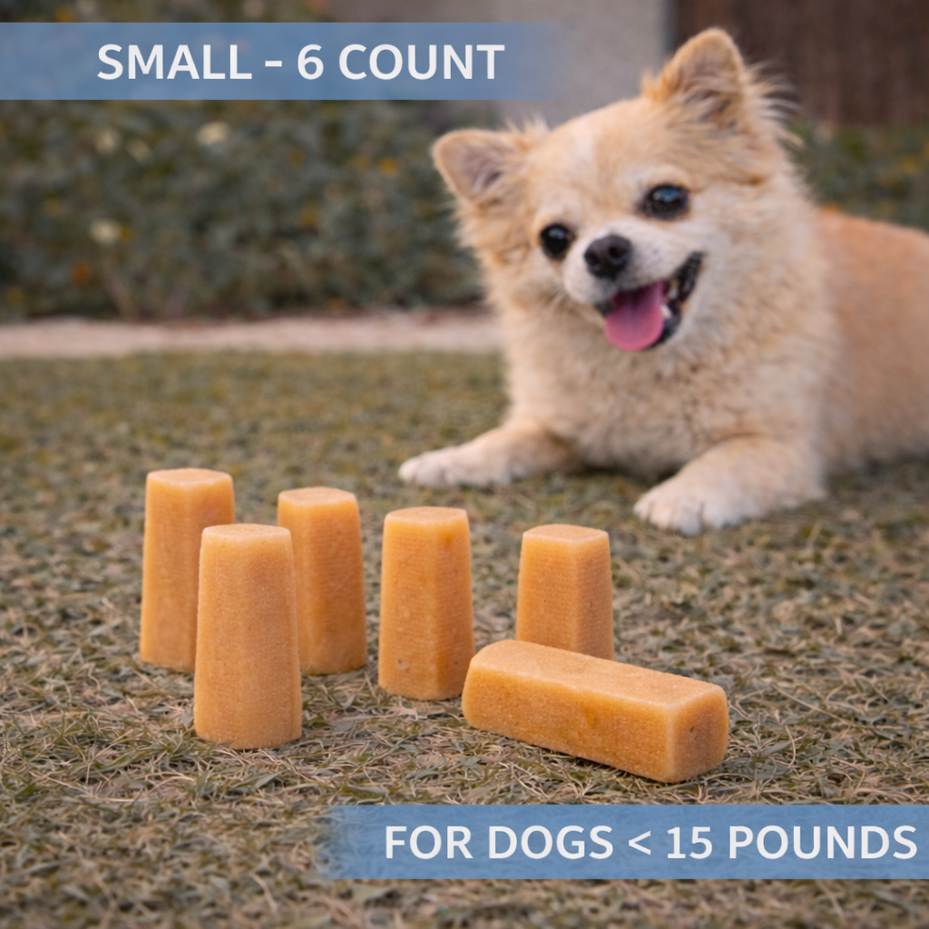 Dog with dog treats on grass, text indicating small size and count for dogs under 15 pounds.
