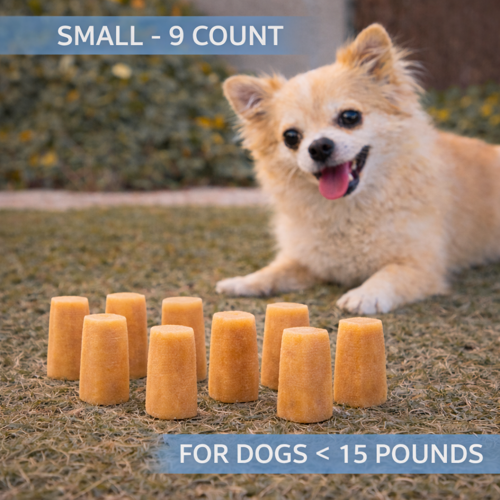 Small dog with dog treats on grass, text indicating 'Small - 9 Count' and 'For Dogs < 15 Pounds'.