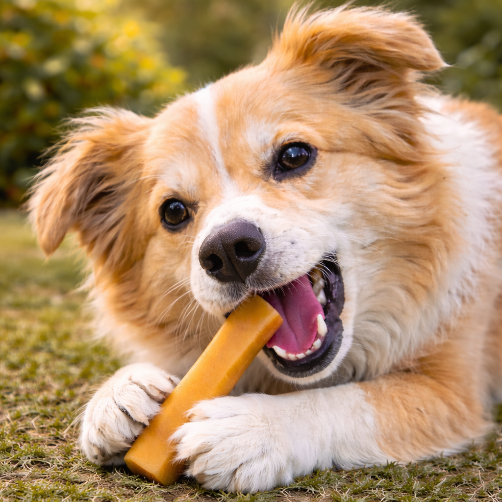 Dog chewing on a bone-shaped chew toy outdoors