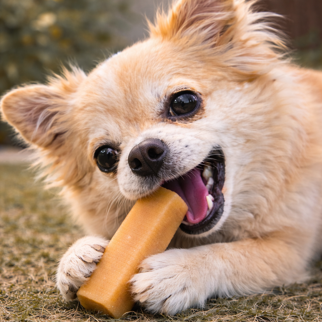 Dog chewing on a bone-shaped chew toy outdoors