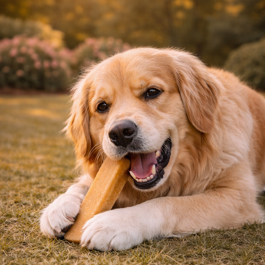 Dog lying on grass with a large yak cheese dog chew in its mouth