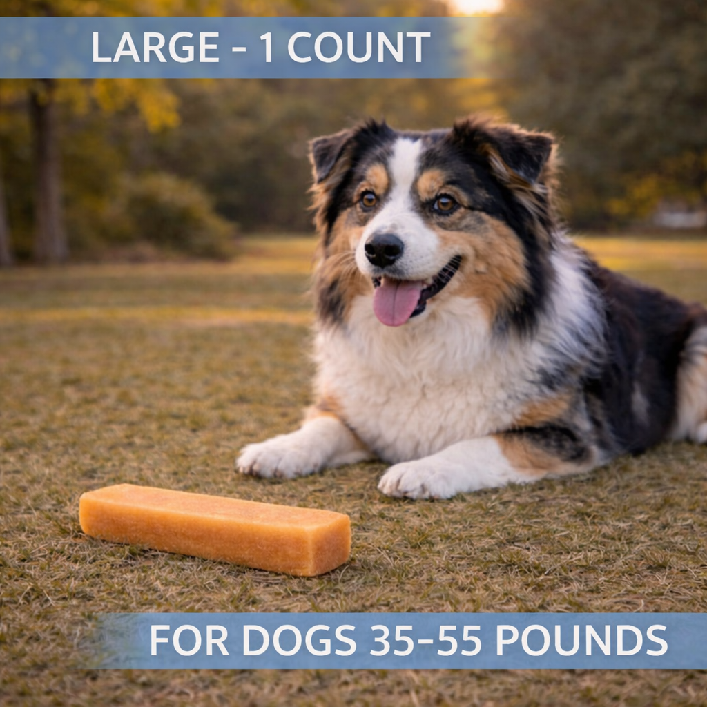Dog lying on grass with a large dog chew toy, text indicating size and weight range for dogs.