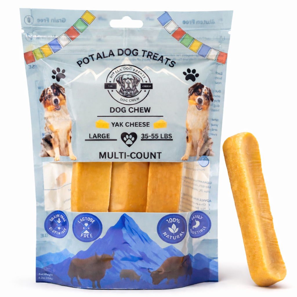 Potala Dog Treats yak cheese dog chew package with a single chew visible