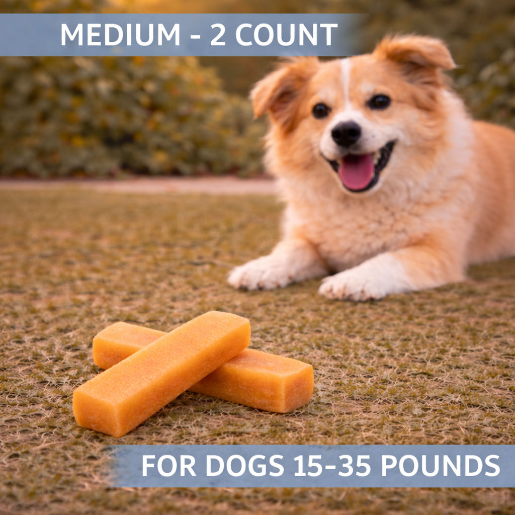 Dog lying on grass with two orange dog treats, text indicating size and weight range for dogs.