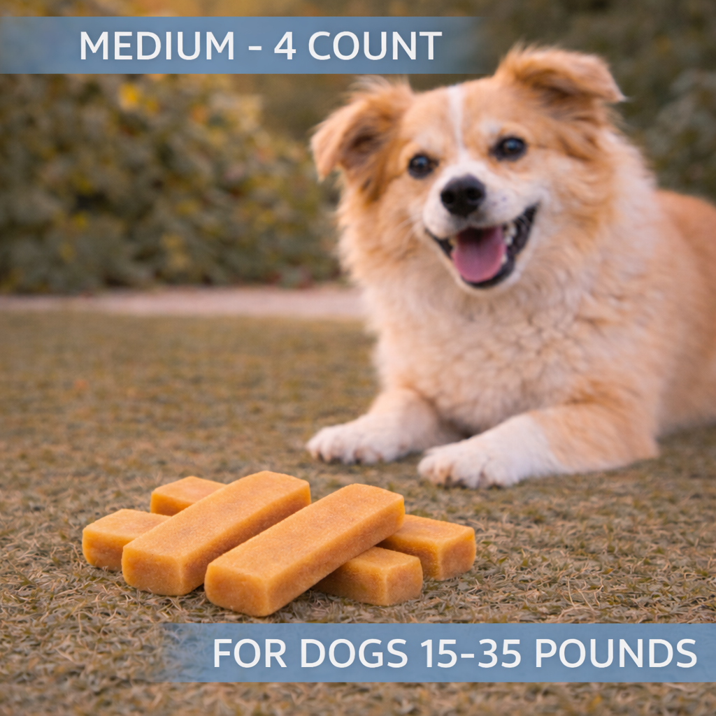 Dog lying on grass with four dog treats in front of it, text indicating size and weight range for dogs.