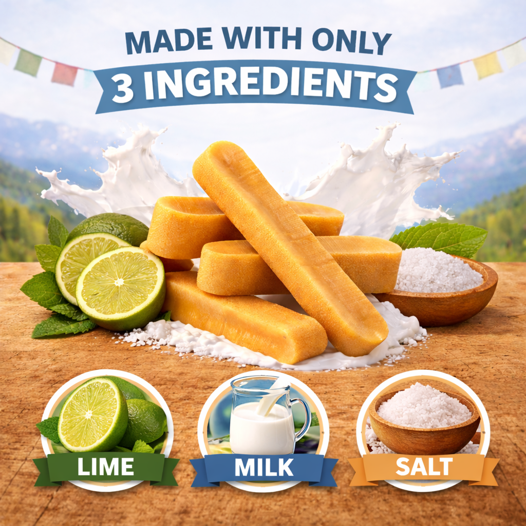 Yak Cheese Dog Chew sticks with lime, milk, and salt on a wooden surface with a scenic background.