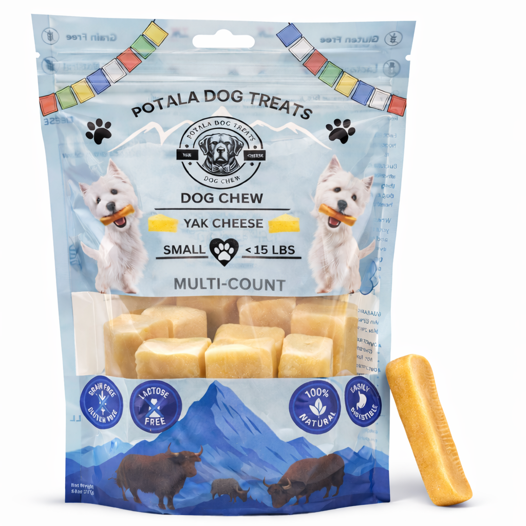 Potala Dog Treats Yak Cheese dog chew package with a small dog chew next to it.