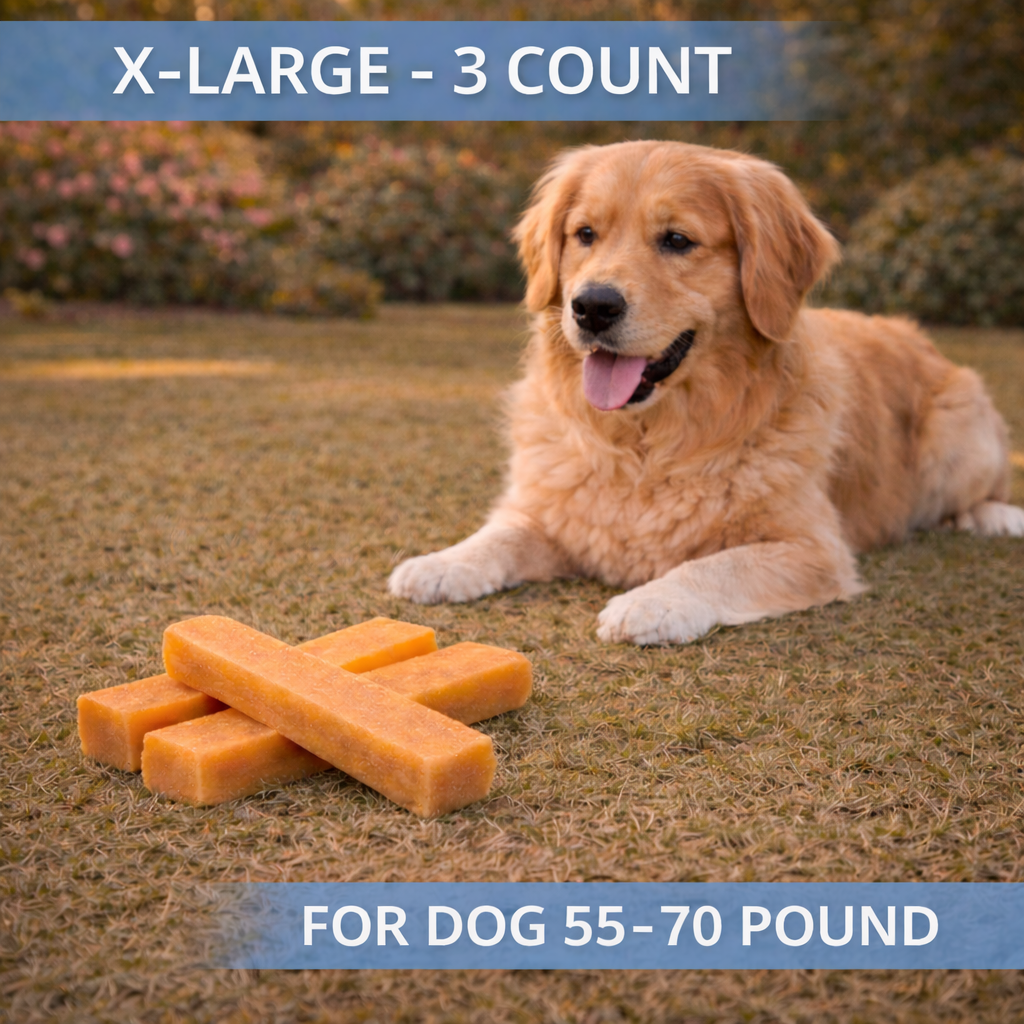 Dog lying on grass with three large orange dog toys, text indicating size and weight range.
