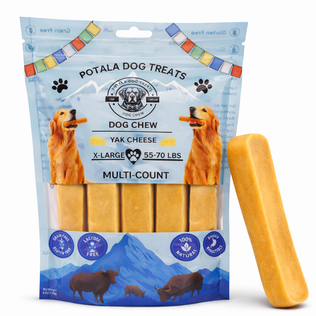Potala Dog Treats package with a dog chew next to it on a white background
